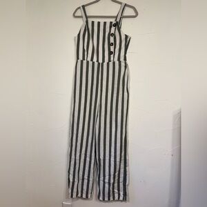 C&C CALIFORNIA MILITARY GREEN/WHITE STRIPED HIGH WAISTED LIGHTWEIGHT JUMPSUIT SM